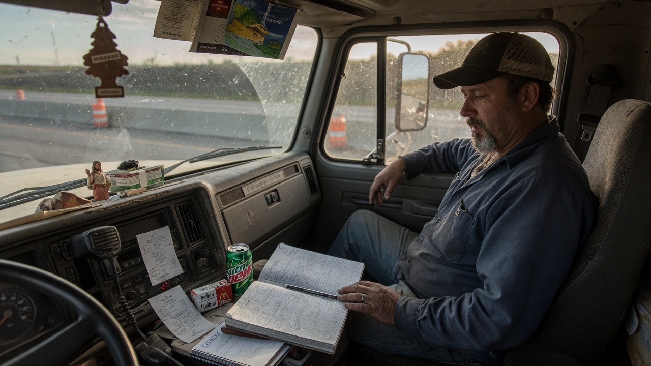 An owner-operator in the cab with a logbook on the dash