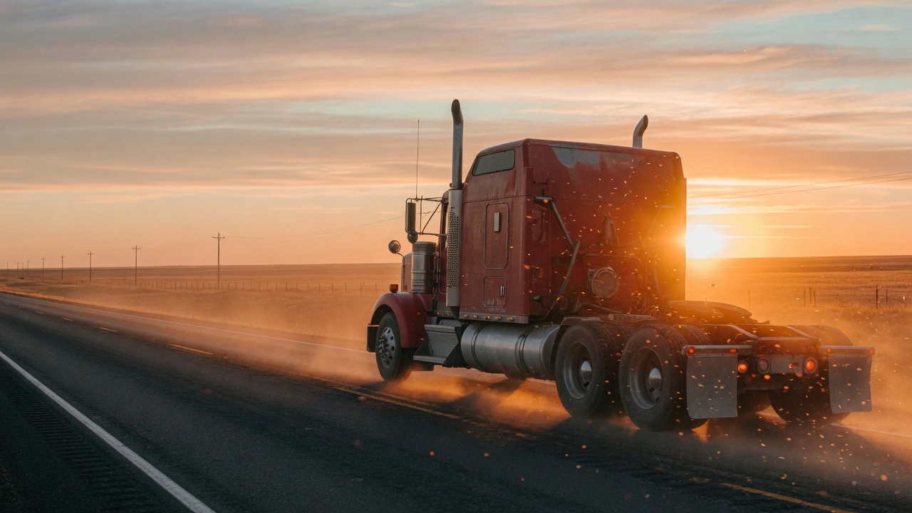 A long-haul semi on an American highway at golden hour