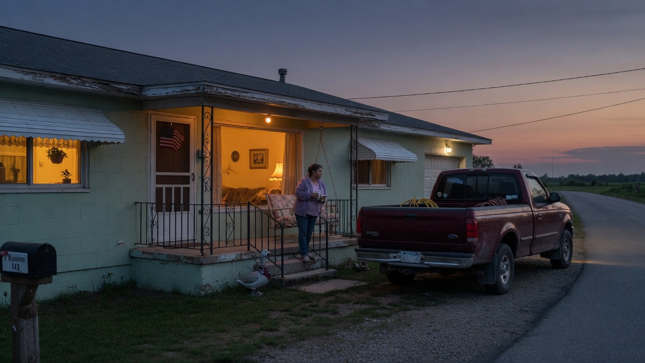 A modest house at dusk with a pickup in the driveway